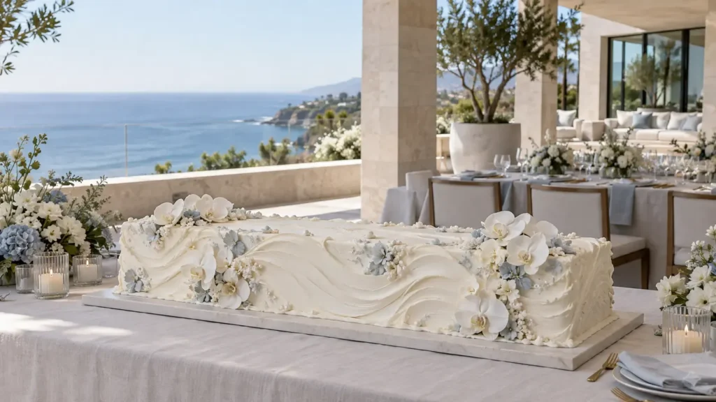 Long coastal wedding cake with flowing white buttercream, orchids, and pale blue flowers overlooking the Pacific Ocean