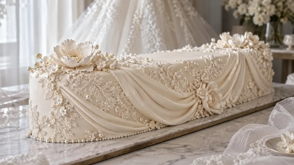 Couture-inspired long wedding cake with edible lace, draped ivory fondant, sugar pearls, and white sugar flowers. 