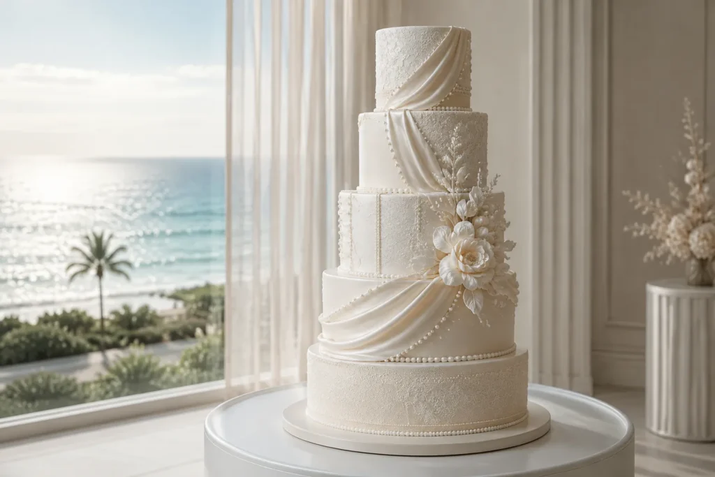 Couture wedding cake with edible lace, silk draping and pearl details at a San Diego coastal venue