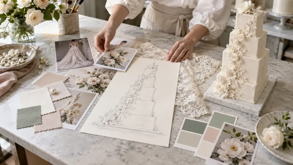 Wedding cake designer reviewing gown lace, flowers, color swatches, and sketches during a custom cake consultation.