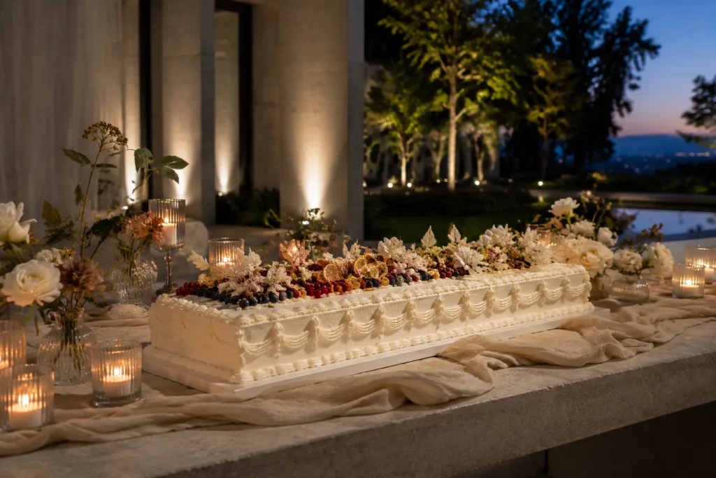Long-format wedding cake with fruit, architectural flowers and vintage piping for a Los Angeles reception