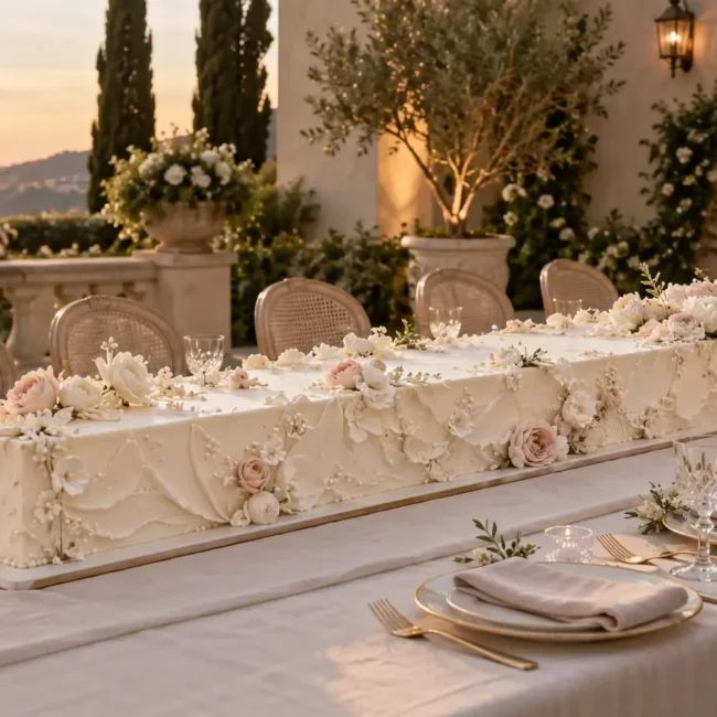 White long wedding cake with sculpted buttercream and blush flowers on an elegant Southern California estate table