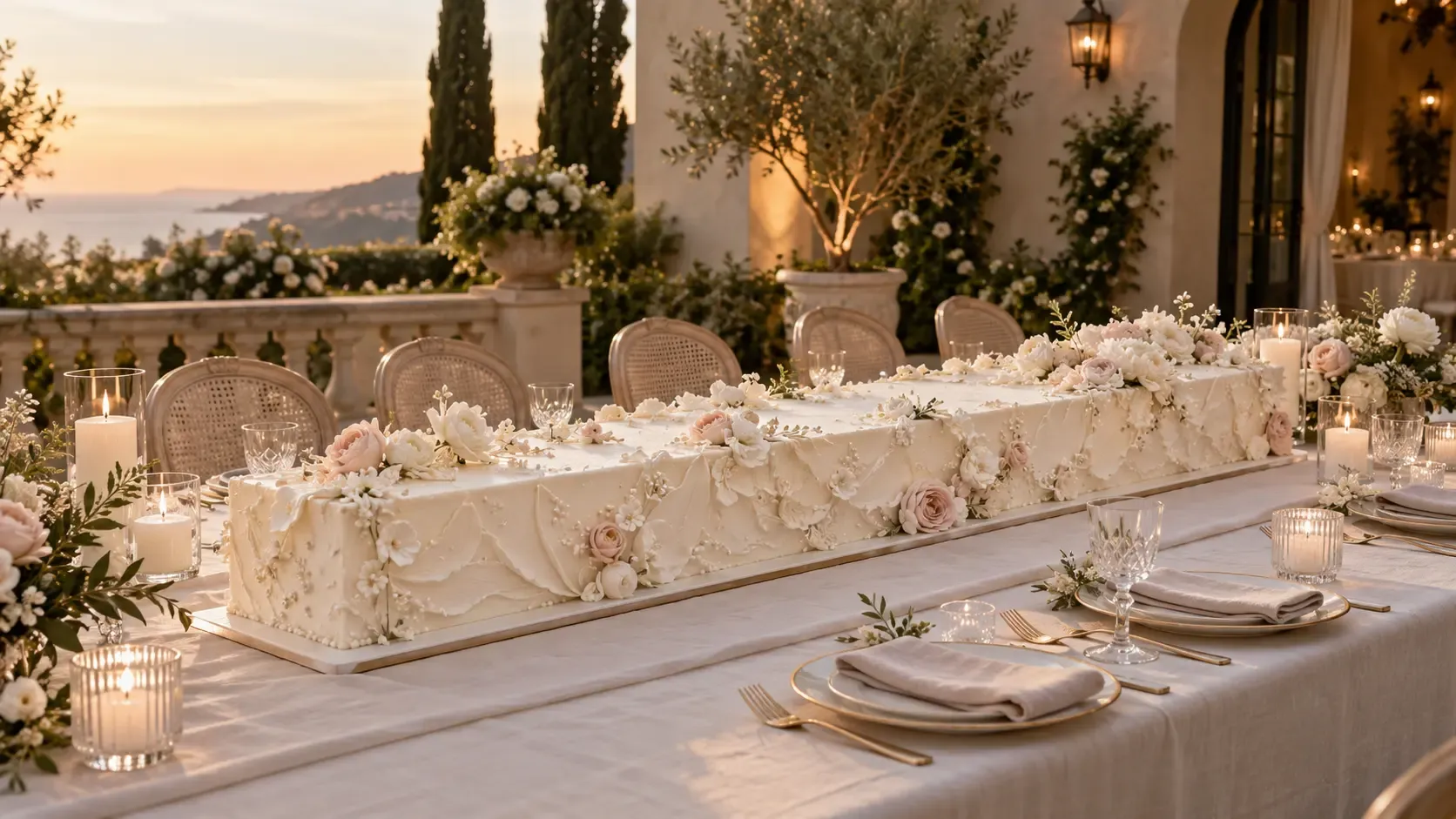 White long wedding cake with sculpted buttercream and blush flowers on an elegant Southern California estate table