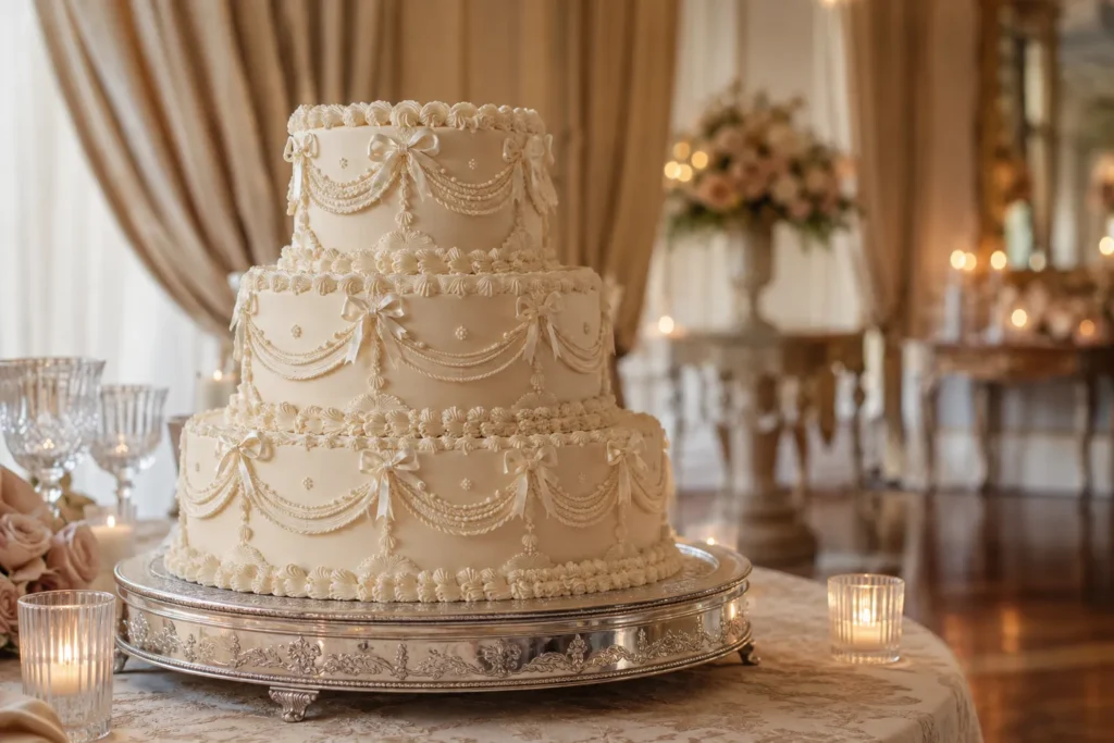Sculptural wedding cake with asymmetrical ivory tiers for a luxury Southern California wedding