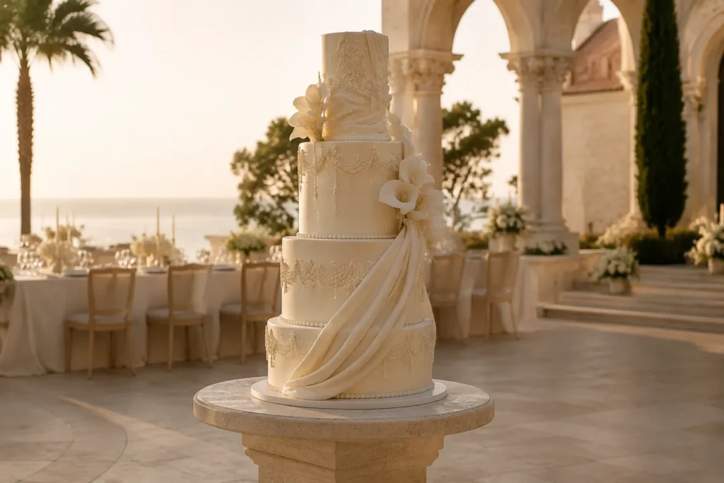 Vintage Lambeth wedding cake with detailed piping and bows for a luxury Orange County celebration