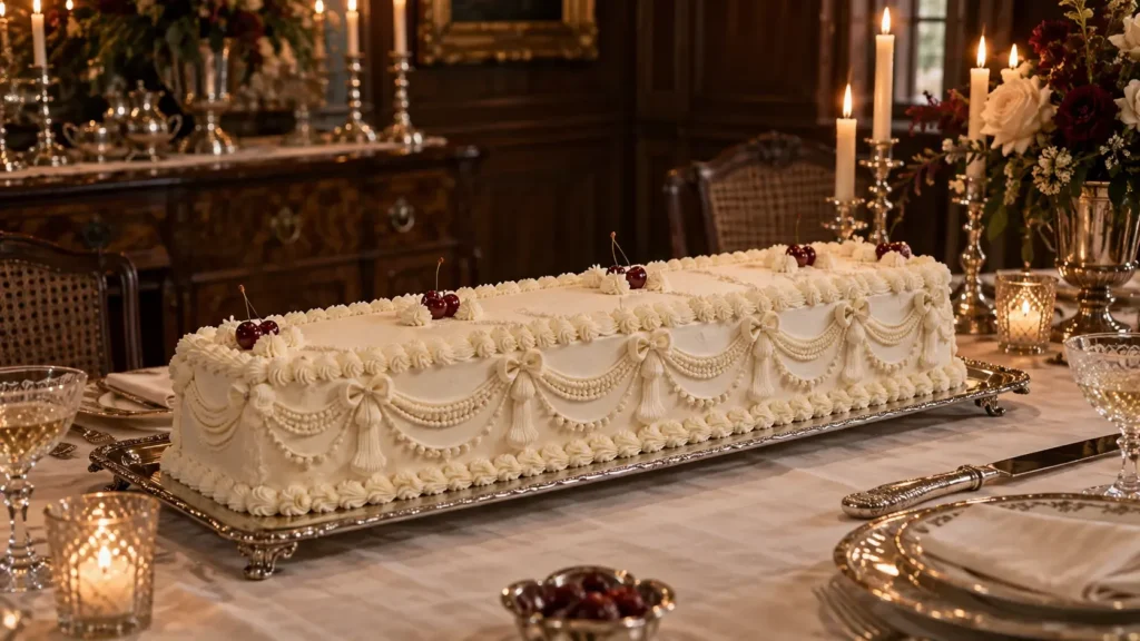 Vintage Lambeth-style long wedding sheet cake with ornate ivory piping, cherries, bows, and candlelit reception décor.