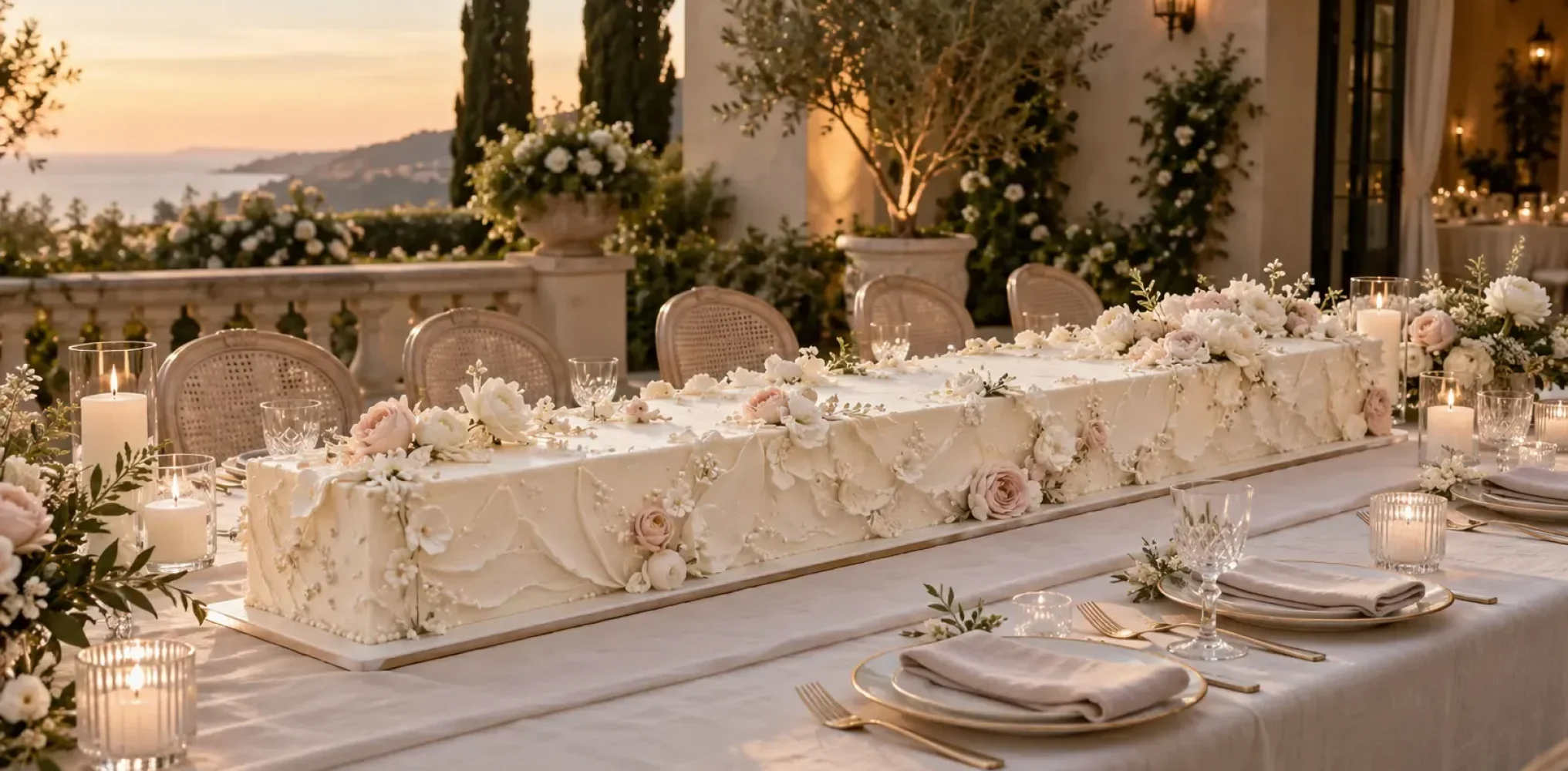 White long wedding cake with sculpted buttercream and blush flowers on an elegant Southern California estate table
